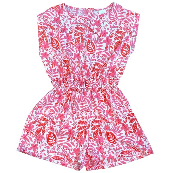 Zara Other - Zara Girls Floral Romper 11/12 Pink Red Tropical Print Elastic Waist